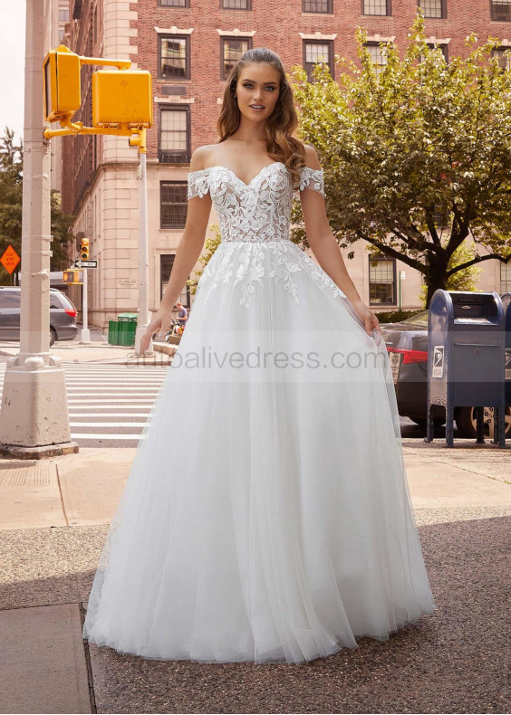 Off Shoulder Beaded Ivory Lace Tulle Fairytale Wedding Dress